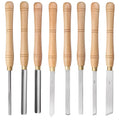 Eight chrome vanadium steel turning tools mounted in wooden storage box for woodworking