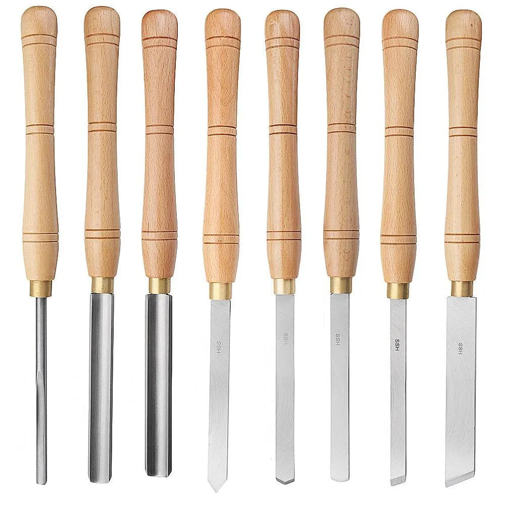Eight chrome vanadium steel turning tools mounted in wooden storage box for woodworking