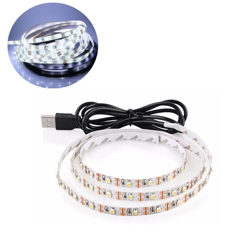White USB-powered LED light strip with SMD5050 LEDs, 1 metre long with 50cm cable.