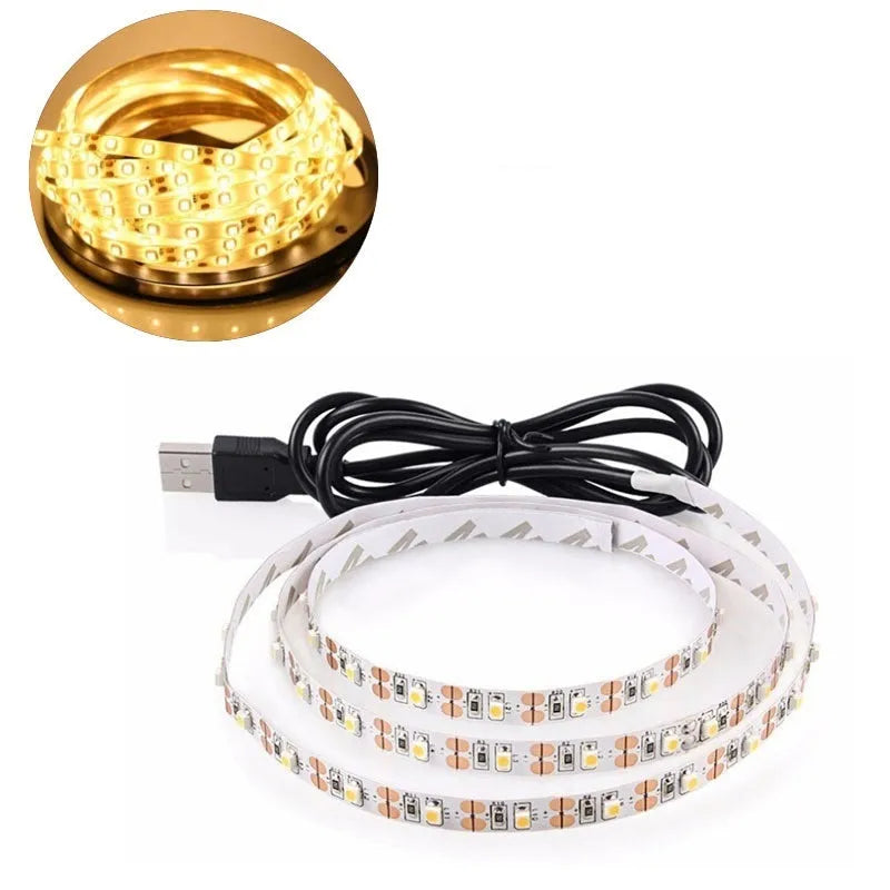 White USB-powered LED light strip with SMD5050 LEDs, 1 metre long with 50cm cable.