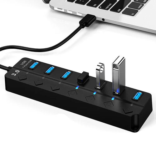 Black 7-port USB 3.0 hub with external power adapter and splitter cable