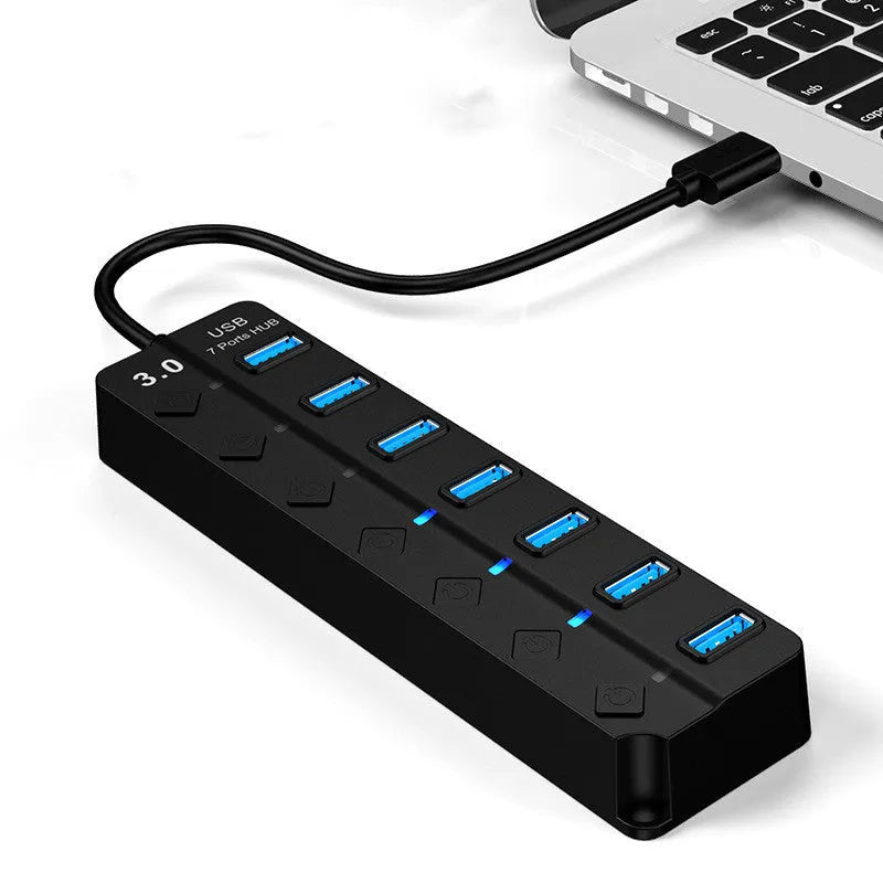 Black 7-port USB 3.0 hub with external power adapter and splitter cable