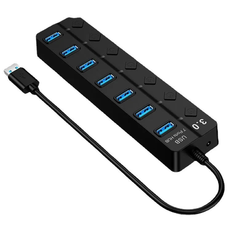 Black 7-port USB 3.0 hub with external power adapter and splitter cable