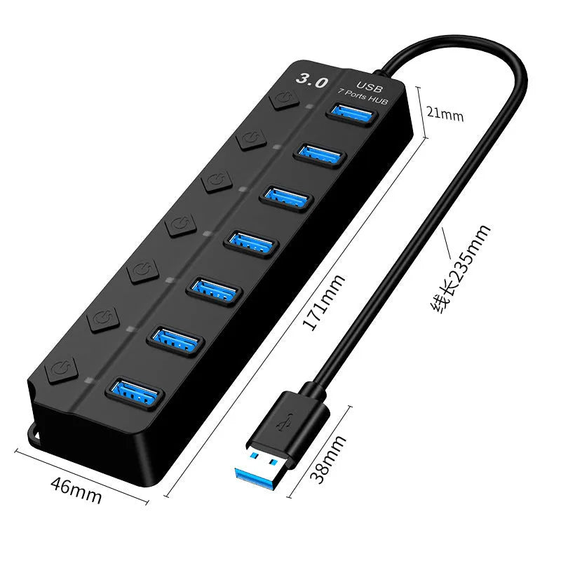 Black 7-port USB 3.0 hub with external power adapter and splitter cable