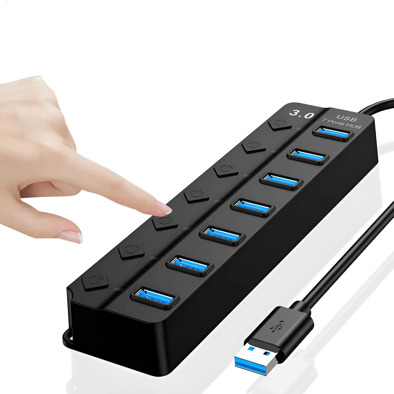 Black 7-port USB 3.0 hub with external power adapter and splitter cable