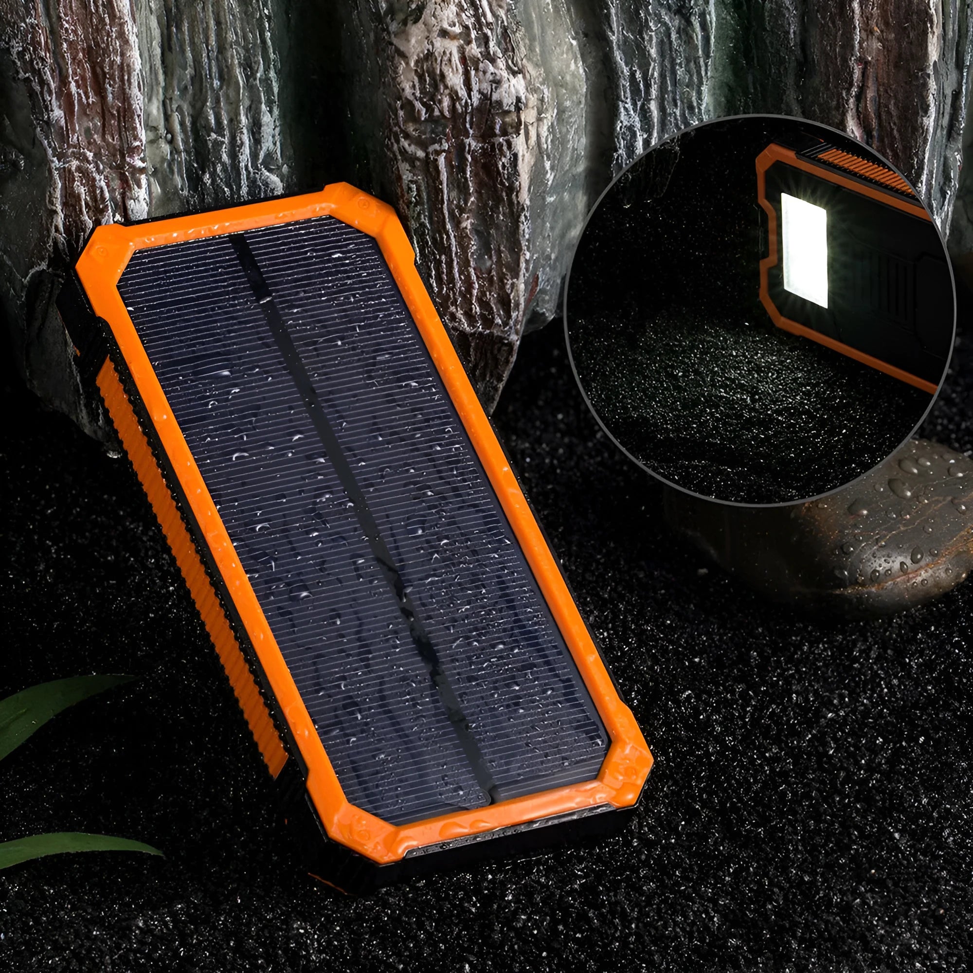 Orange Three Proofs solar power bank showing multiple USB ports and displaying 20000mAh capacity