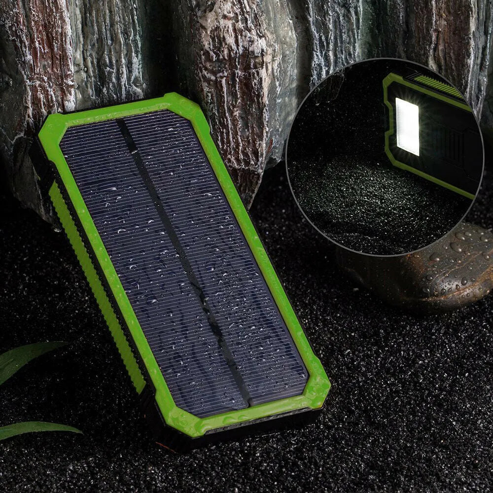 Orange Three Proofs solar power bank showing multiple USB ports and displaying 20000mAh capacity