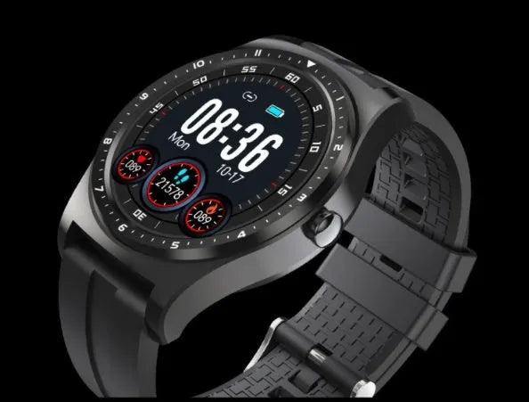 Black smart watch with zinc alloy case and silicone strap displaying heart rate and fitness data on screen.