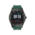 Black smart watch with zinc alloy case and silicone strap displaying heart rate and fitness data on screen.