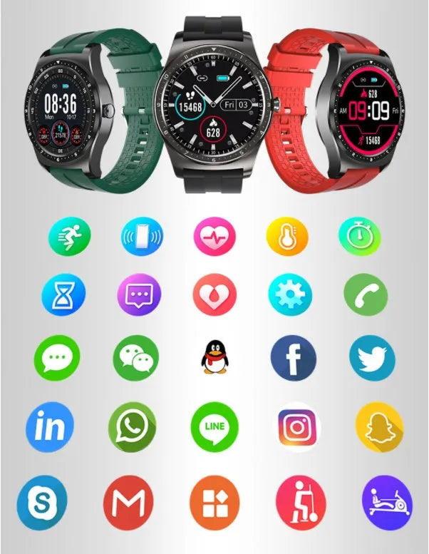 Black smart watch with zinc alloy case and silicone strap displaying heart rate and fitness data on screen.