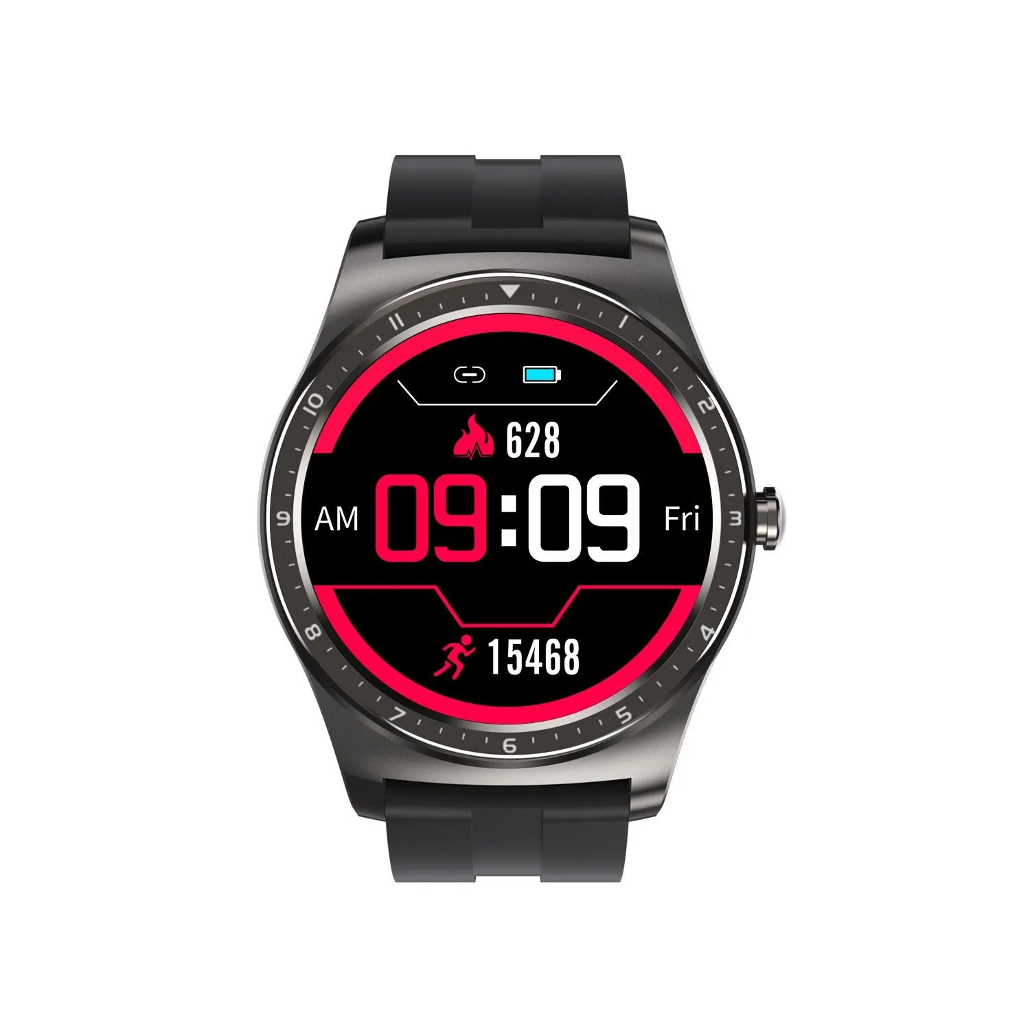 Black smart watch with zinc alloy case and silicone strap displaying heart rate and fitness data on screen.