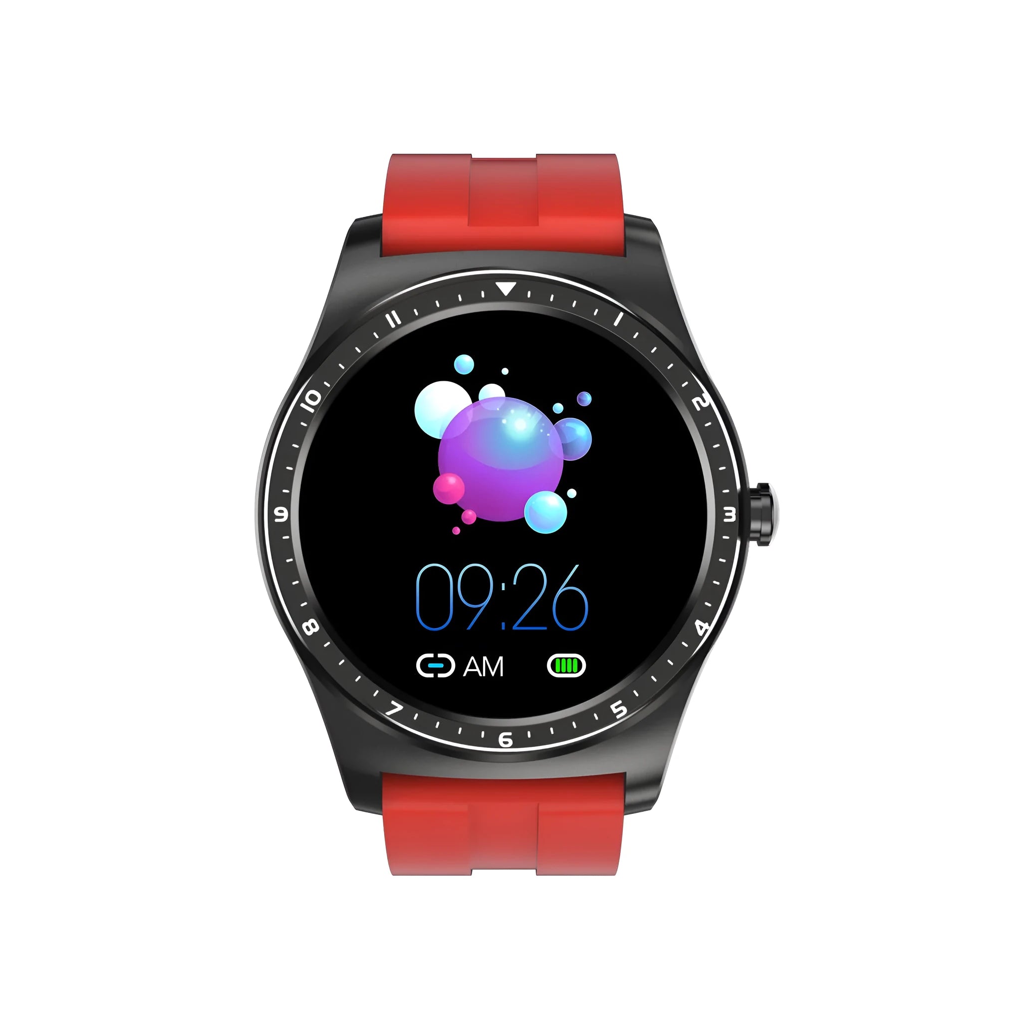 Black smart watch with zinc alloy case and silicone strap displaying heart rate and fitness data on screen.