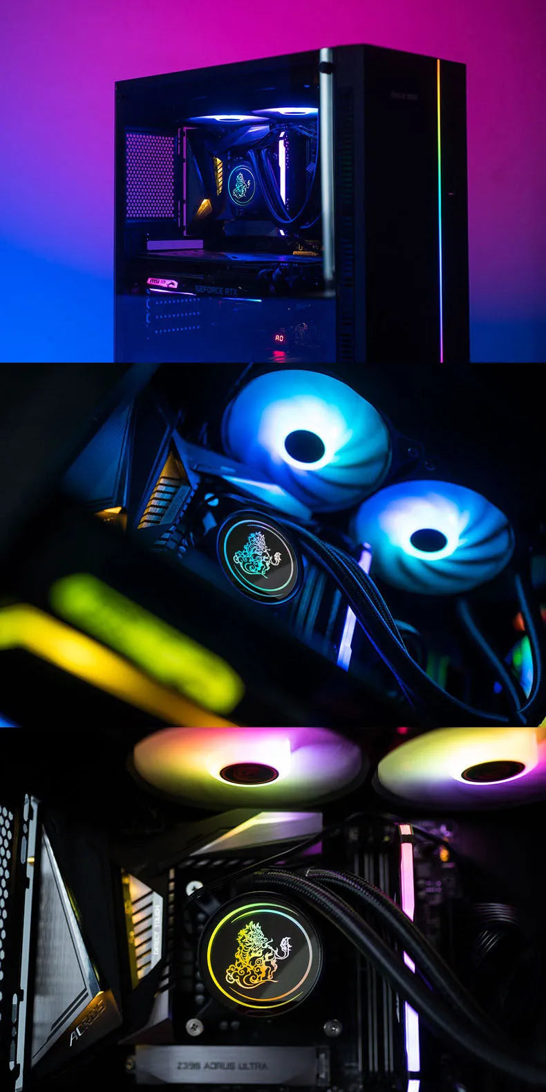 Kirin 240mm ARGB CPU water cooling radiator with colourful lighting and copper-aluminium fins