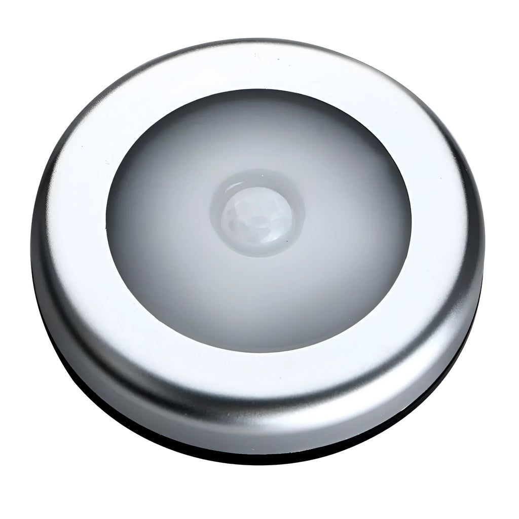 Silver circular wireless motion sensor night light unit showing 80mm diameter size