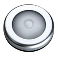 Silver circular wireless motion sensor night light unit showing 80mm diameter size