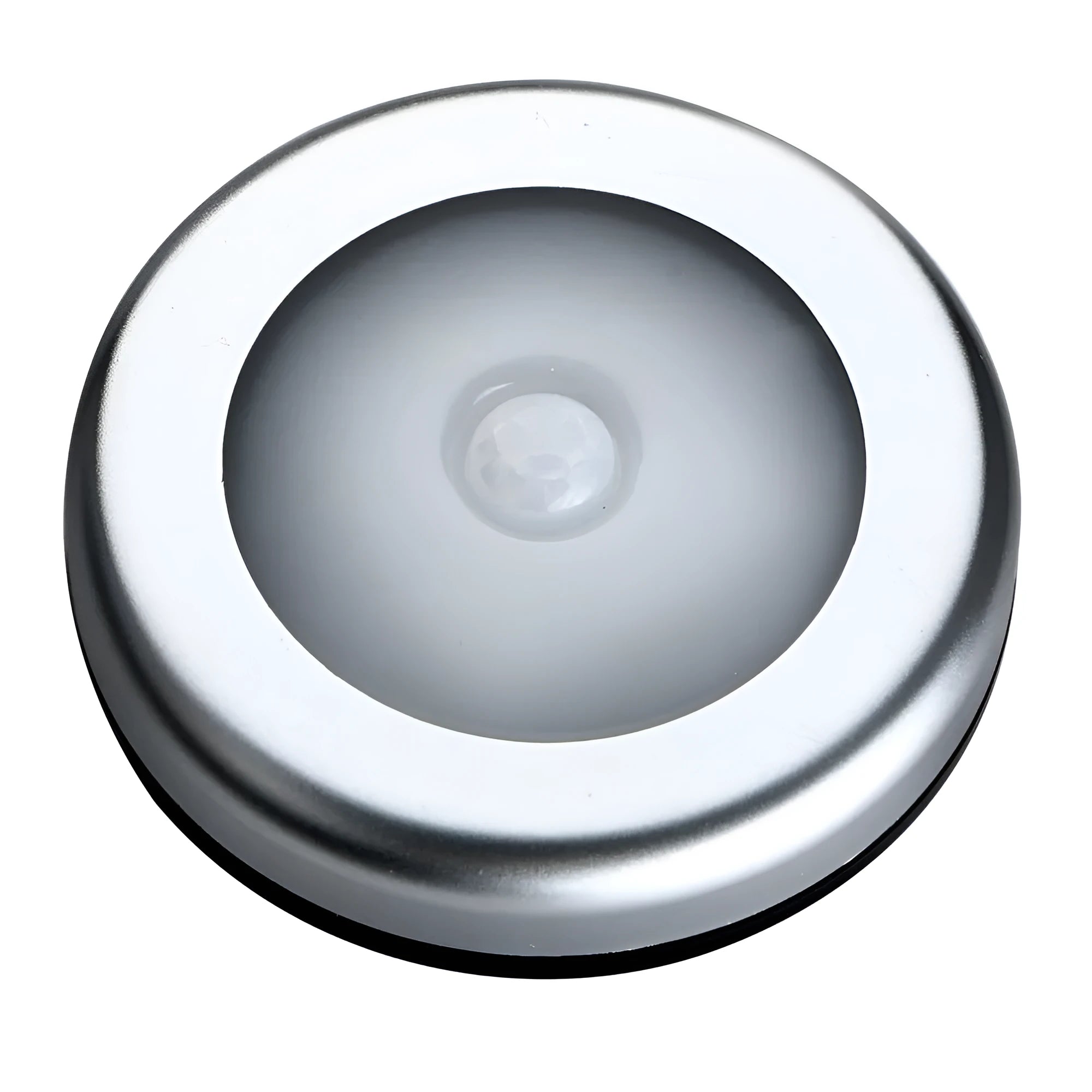 Silver circular wireless motion sensor night light unit showing 80mm diameter size