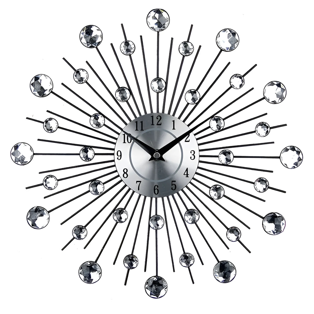 Silver round 33cm mute wall clock with metal case and aluminium dial.