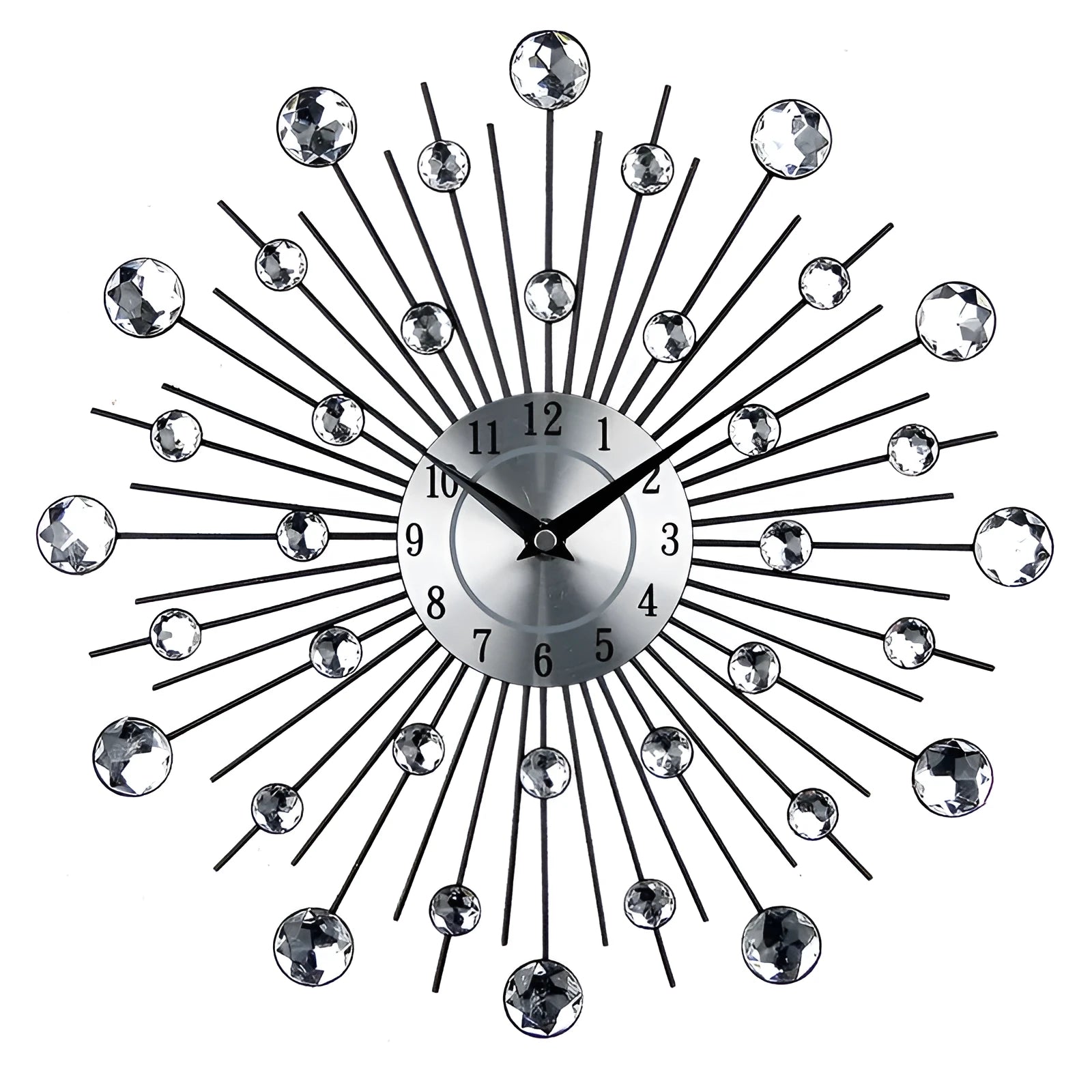 Silver round 33cm mute wall clock with metal case and aluminium dial.