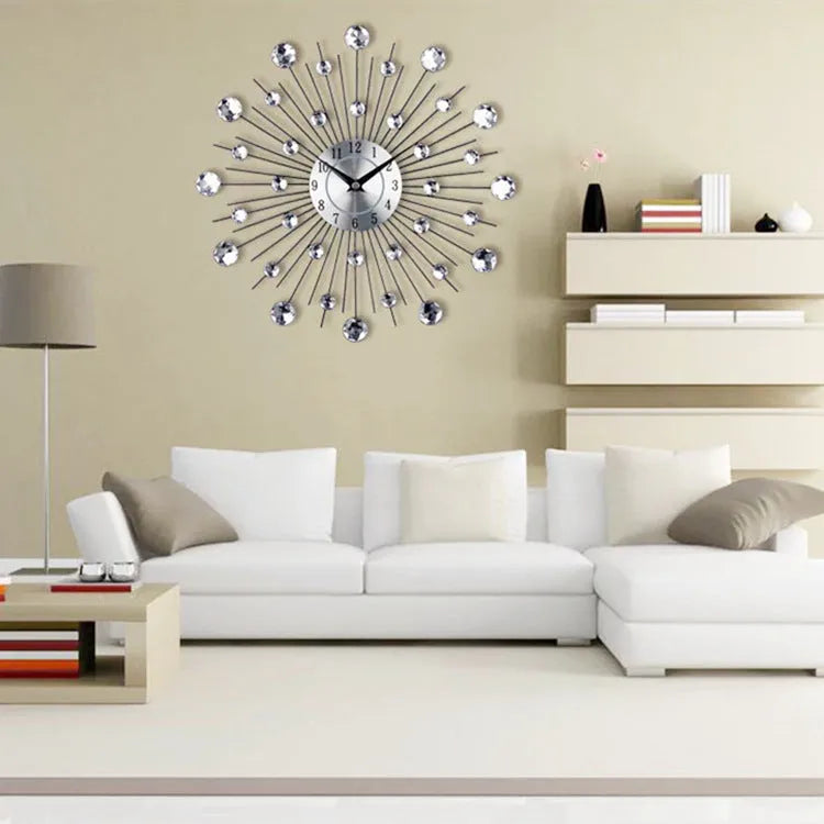 Silver round 33cm mute wall clock with metal case and aluminium dial.