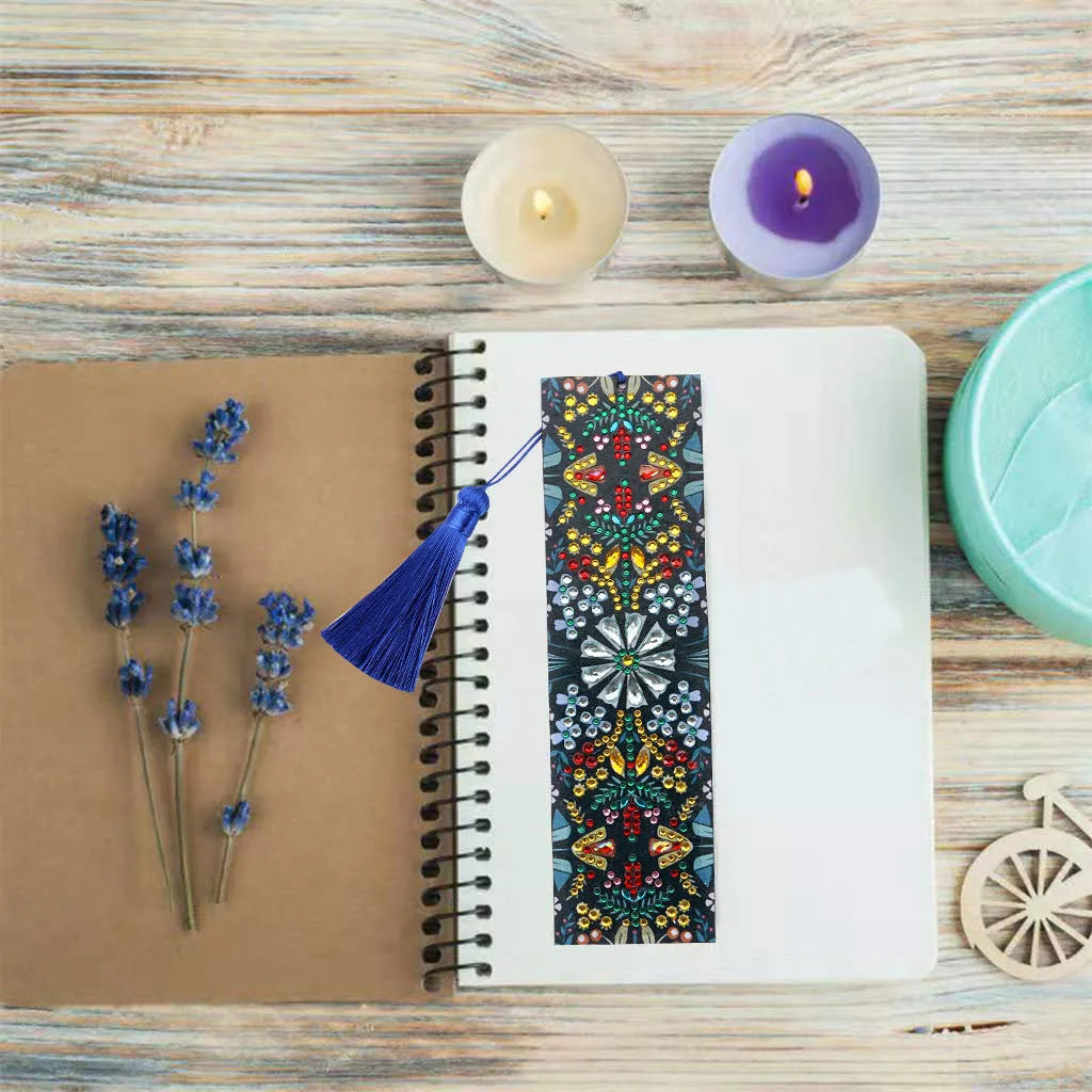 Handmade leather bookmark with diamond embroidered mandala flower pattern
