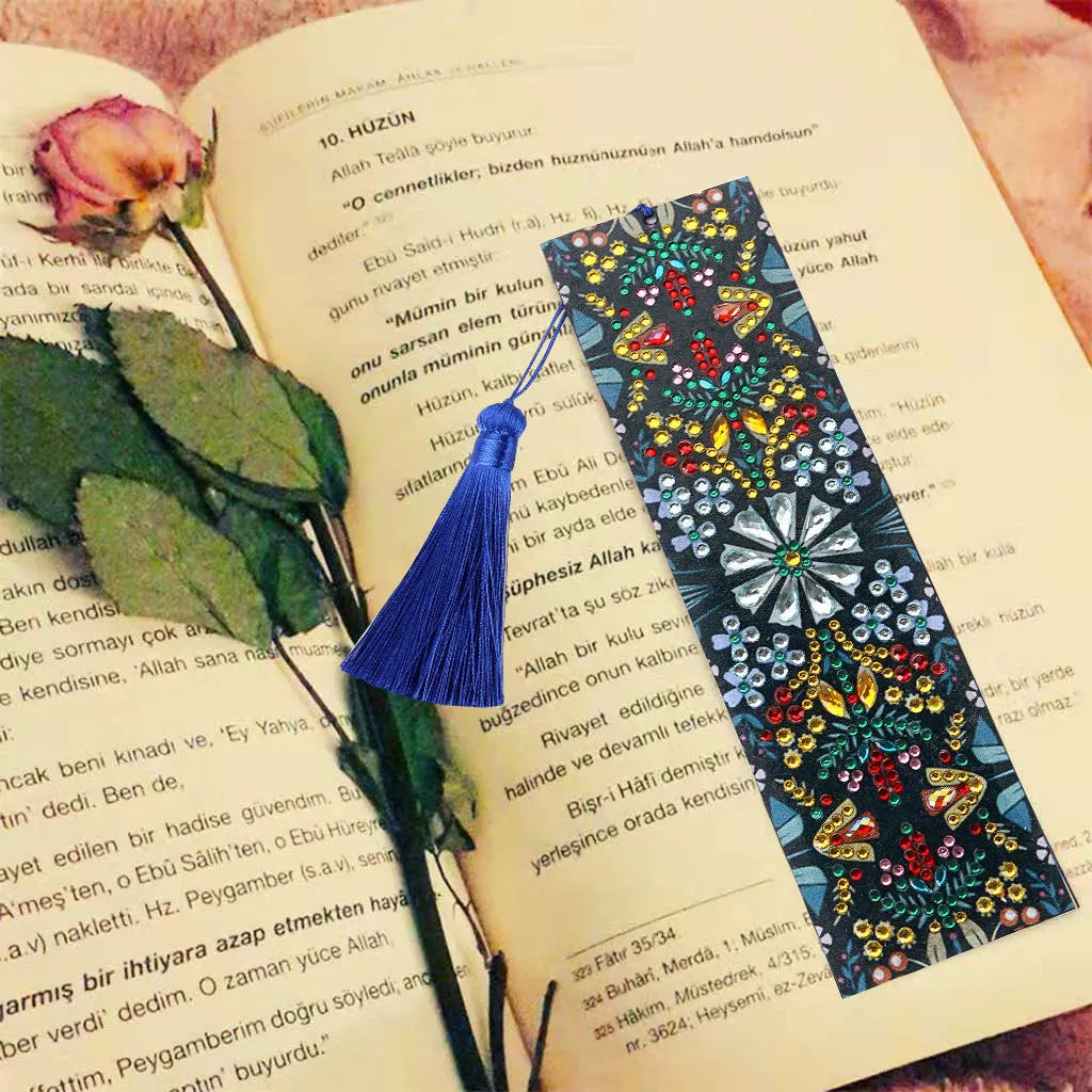 Handmade leather bookmark with diamond embroidered mandala flower pattern