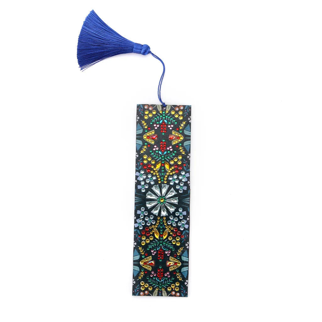 Handmade leather bookmark with diamond embroidered mandala flower pattern