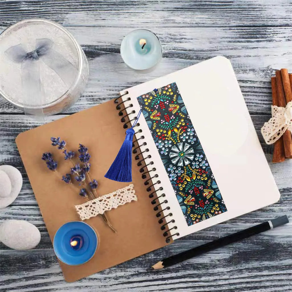 Handmade leather bookmark with diamond embroidered mandala flower pattern