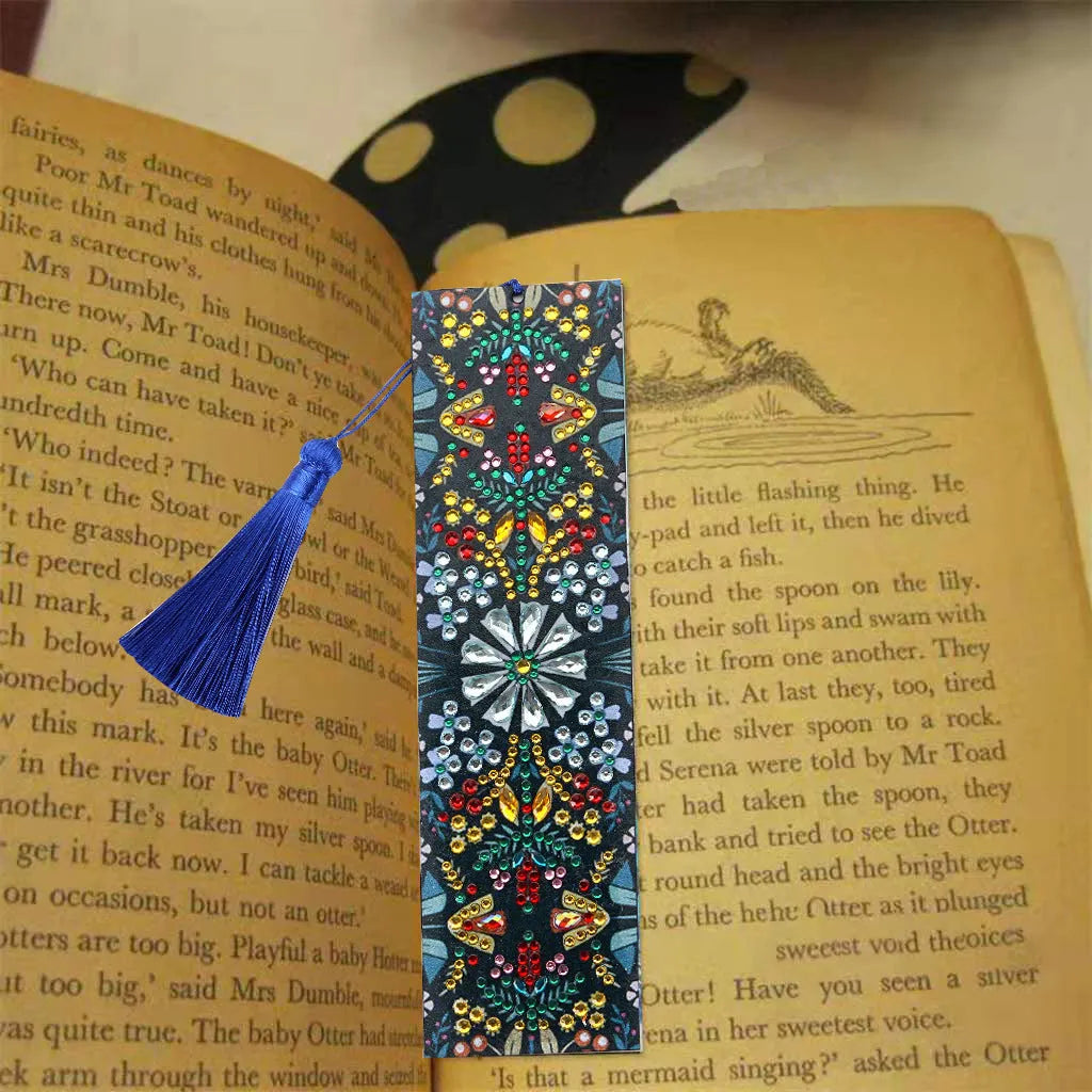 Handmade leather bookmark with diamond embroidered mandala flower pattern