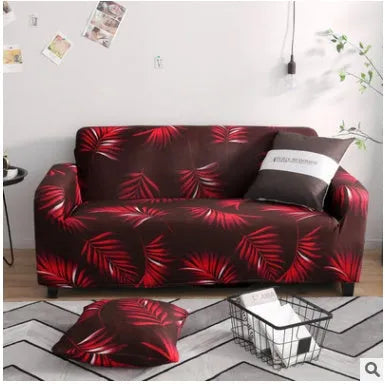 Printed stretch sofa cover with geometric pattern on three-seater sofa
