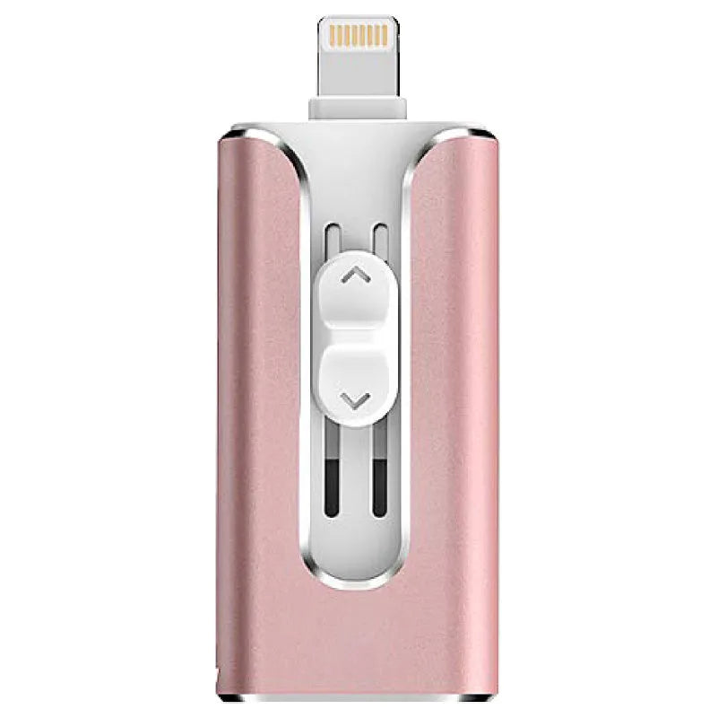 Metal three-in-one USB flash drive with Lightning, USB-C, and USB-A connectors shown in black, silver, gold, and rose gold.