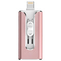 Metal three-in-one USB flash drive with Lightning, USB-C, and USB-A connectors shown in black, silver, gold, and rose gold.
