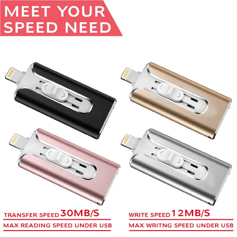 Metal three-in-one USB flash drive with Lightning, USB-C, and USB-A connectors shown in black, silver, gold, and rose gold.