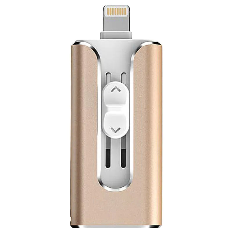 Metal three-in-one USB flash drive with Lightning, USB-C, and USB-A connectors shown in black, silver, gold, and rose gold.
