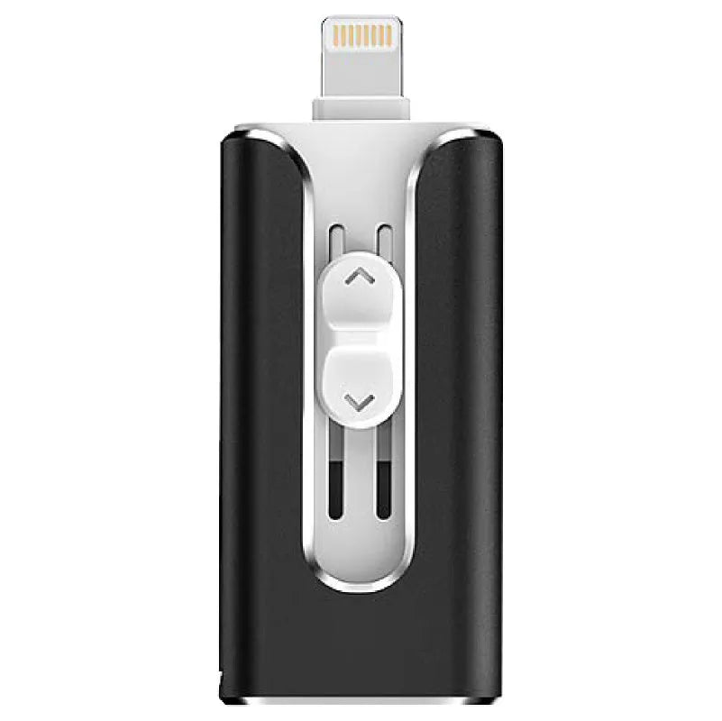 Metal three-in-one USB flash drive with Lightning, USB-C, and USB-A connectors shown in black, silver, gold, and rose gold.