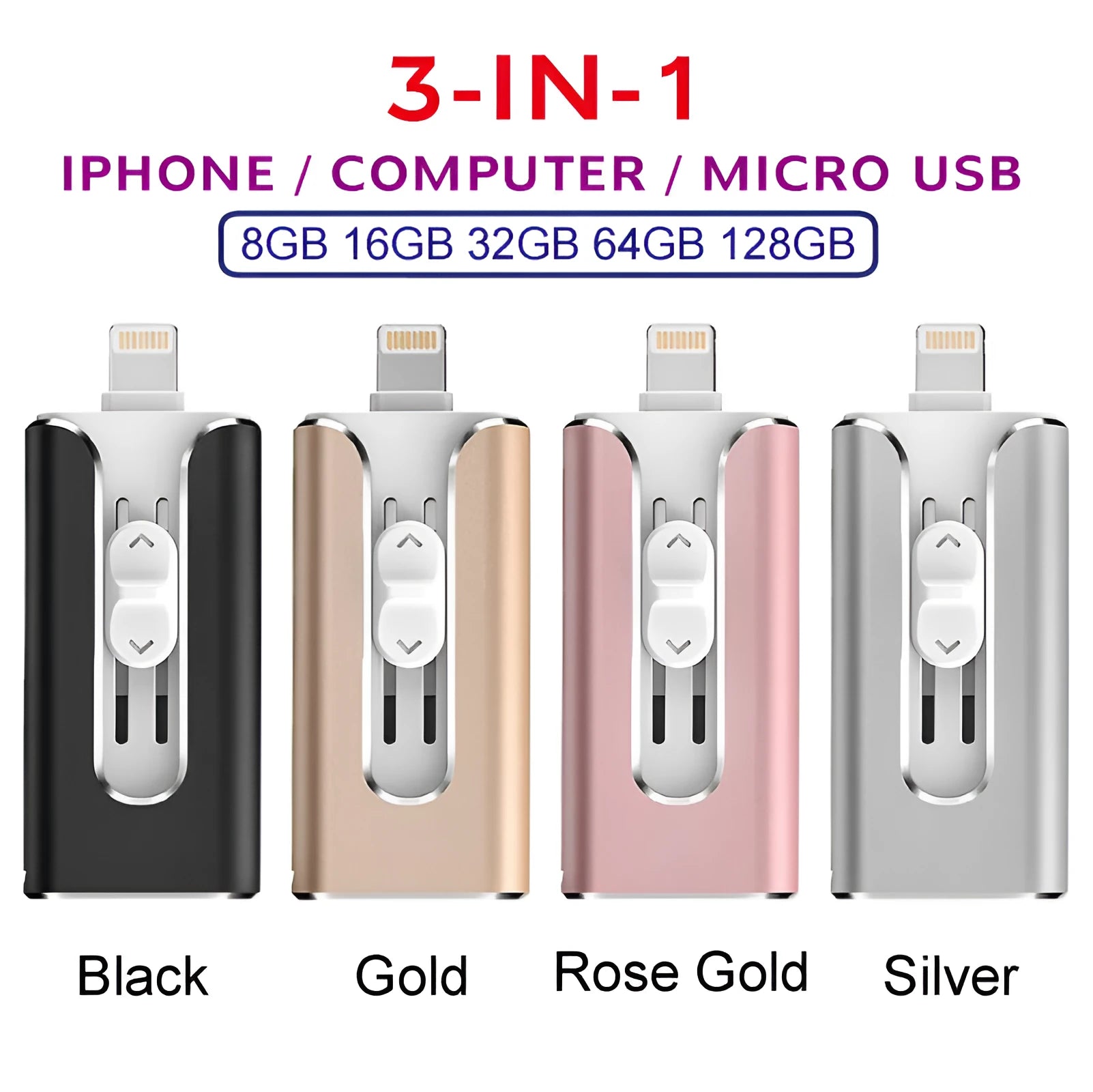 Metal three-in-one USB flash drive with Lightning, USB-C, and USB-A connectors shown in black, silver, gold, and rose gold.