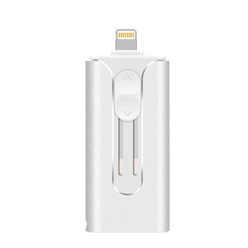 Metal three-in-one USB flash drive with Lightning, USB-C, and USB-A connectors shown in black, silver, gold, and rose gold.