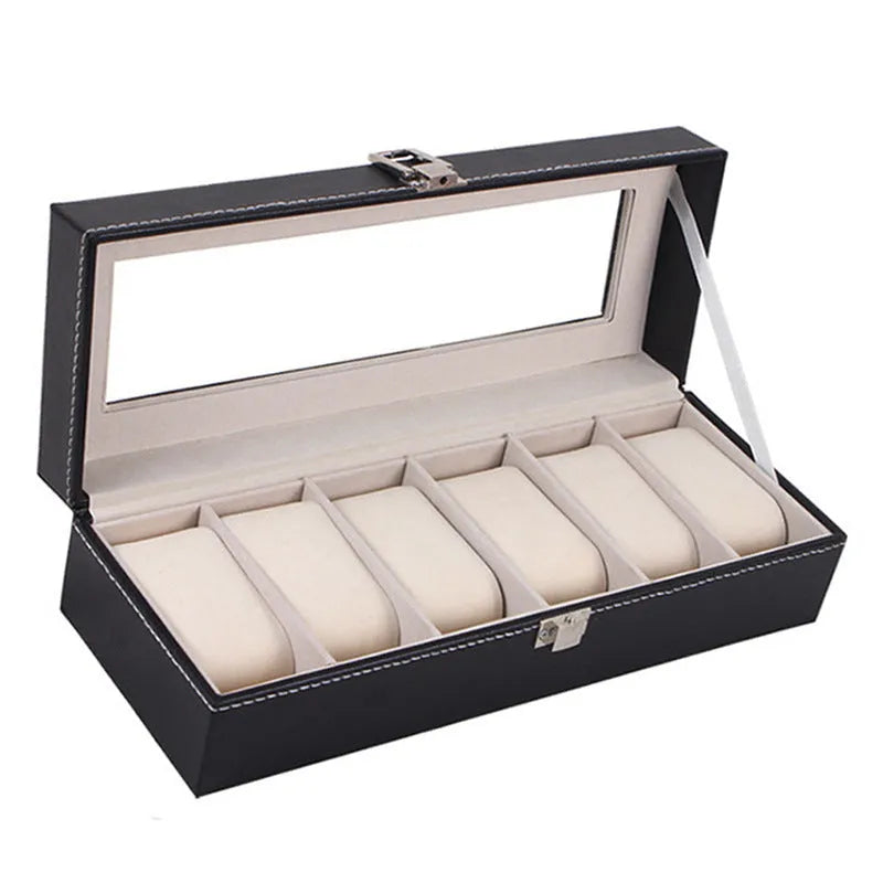 Black wooden watch storage box with six clear display windows, showing dimensions of 30cm by 11cm.