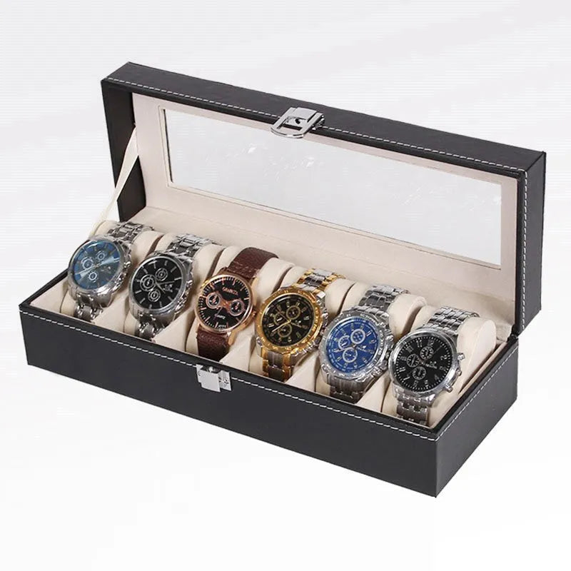 Black wooden watch storage box with six clear display windows, showing dimensions of 30cm by 11cm.