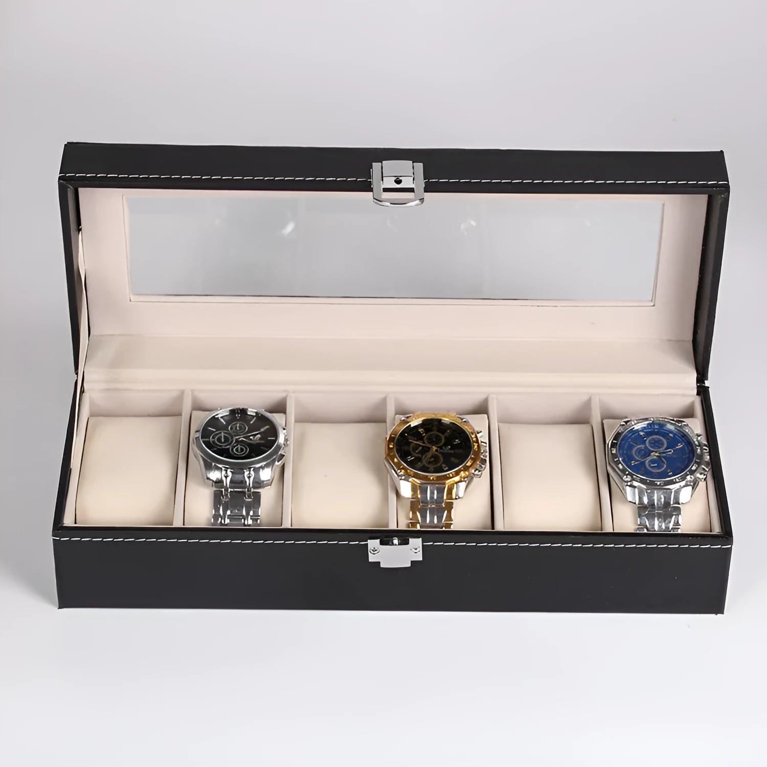 Black wooden watch storage box with six clear display windows, showing dimensions of 30cm by 11cm.