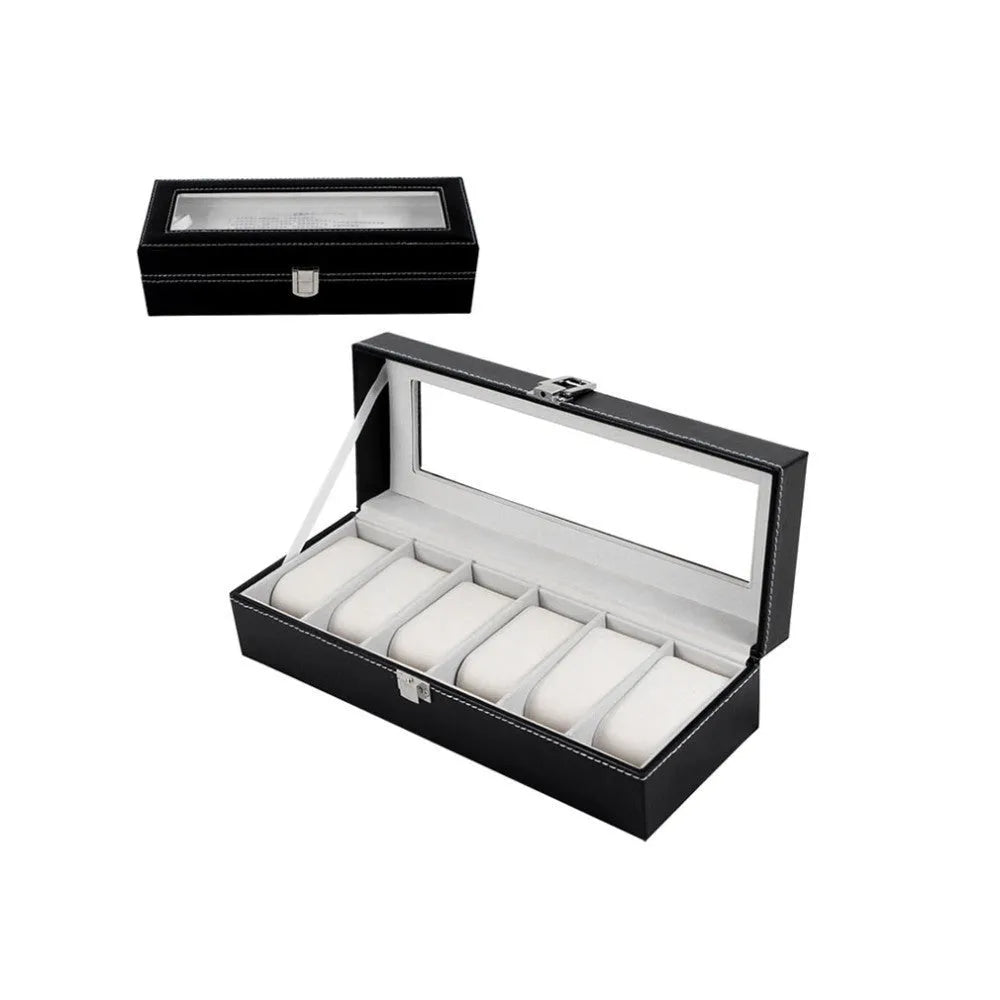 Black wooden watch storage box with six clear display windows, showing dimensions of 30cm by 11cm.