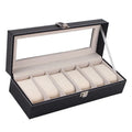 Black wooden watch storage box with six clear display windows, showing dimensions of 30cm by 11cm.