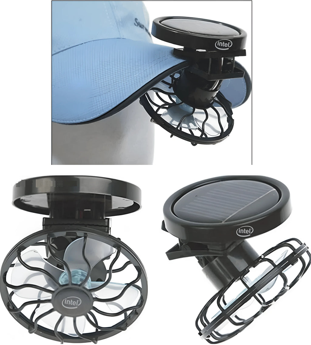 Black solar powered clip-on fan panel for outdoor cooling during camping and fishing