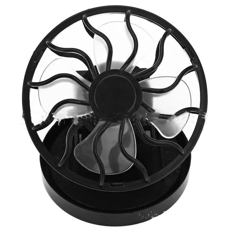 Black solar powered clip-on fan panel for outdoor cooling during camping and fishing