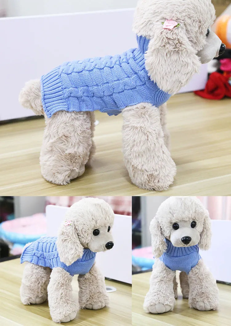Blue cashmere twisted rope wool sweater for a dog on a mannequin, showing the textured design and fit.