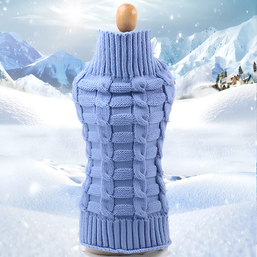 Blue cashmere twisted rope wool sweater for a dog on a mannequin, showing the textured design and fit.