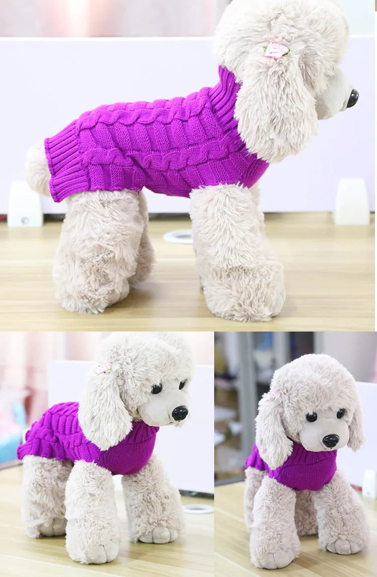 Blue cashmere twisted rope wool sweater for a dog on a mannequin, showing the textured design and fit.