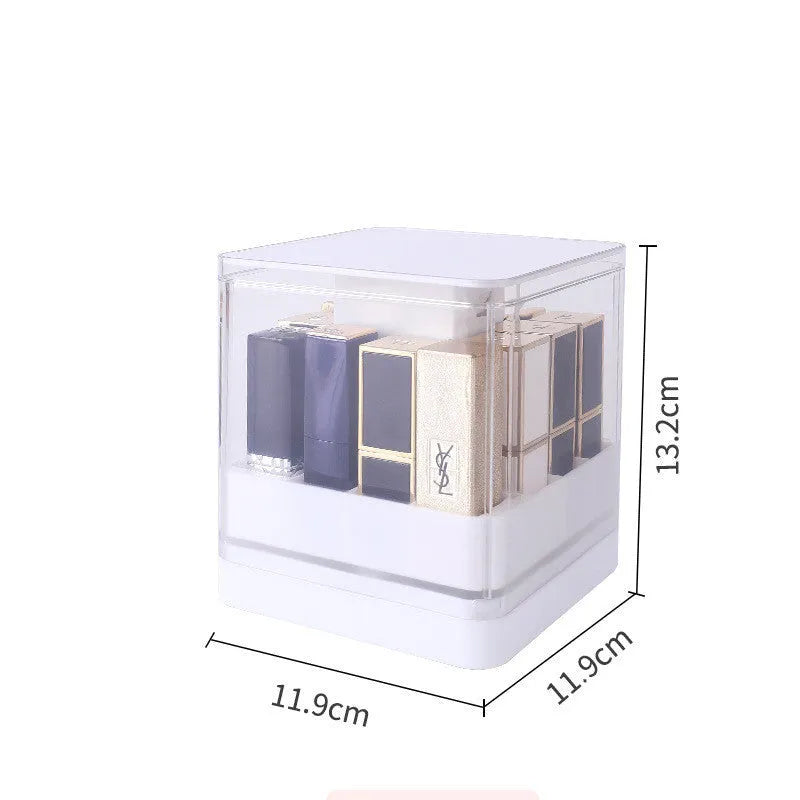 Pink and white press-lift lipstick storage boxes showing 8-grid and 12-grid compartments.