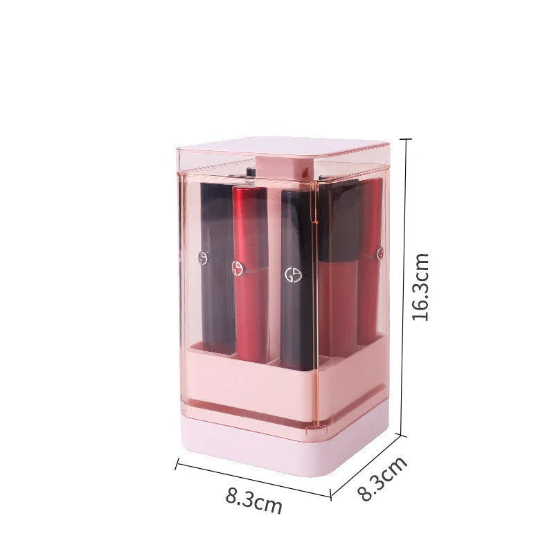 Pink and white press-lift lipstick storage boxes showing 8-grid and 12-grid compartments.