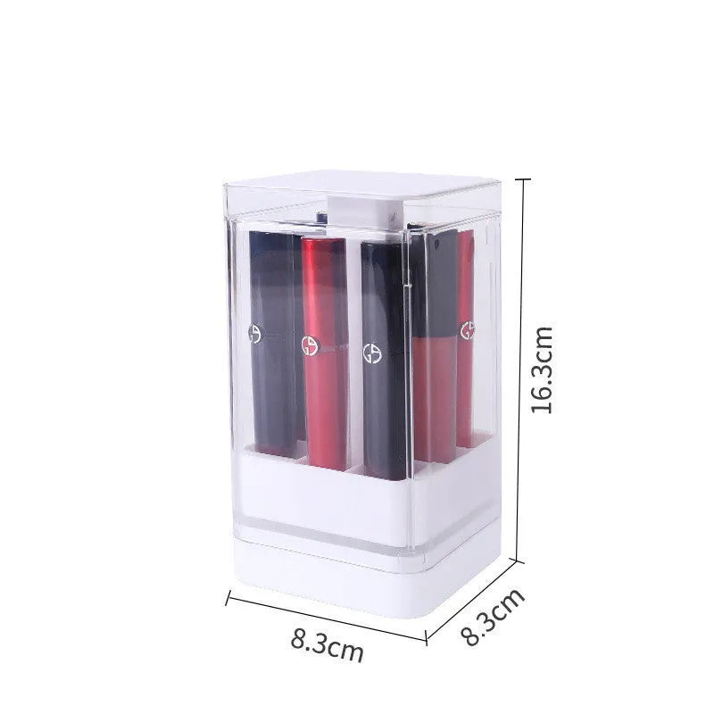 Pink and white press-lift lipstick storage boxes showing 8-grid and 12-grid compartments.