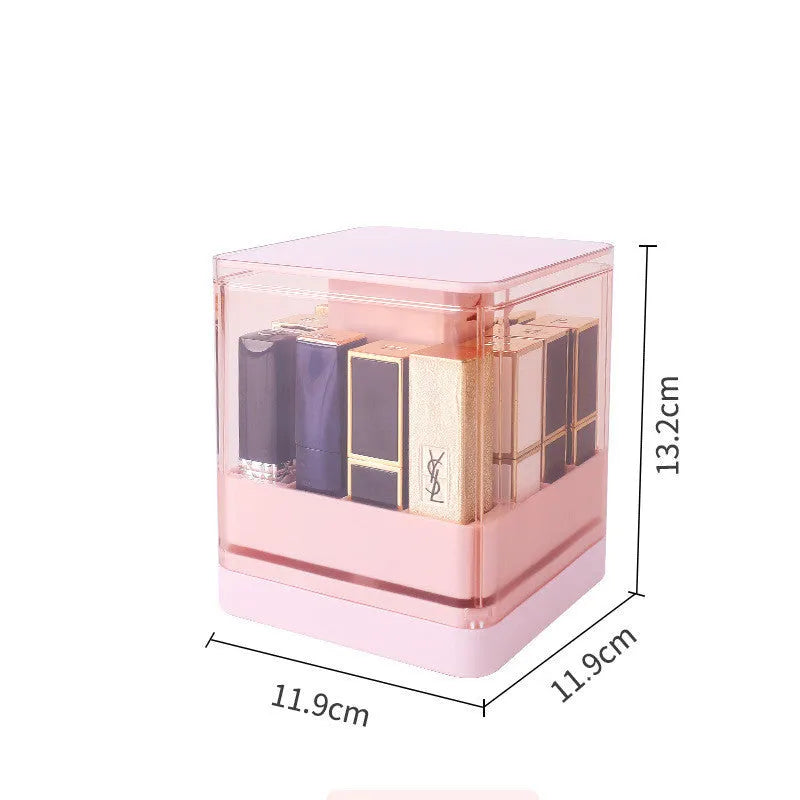 Pink and white press-lift lipstick storage boxes showing 8-grid and 12-grid compartments.
